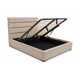 Catalina upholstered storage bed with a mink fabric headboard and frame, shown with the lift-up black metal support mechanism open to reveal a black storage compartment. The bed is photographed on a clean white background.