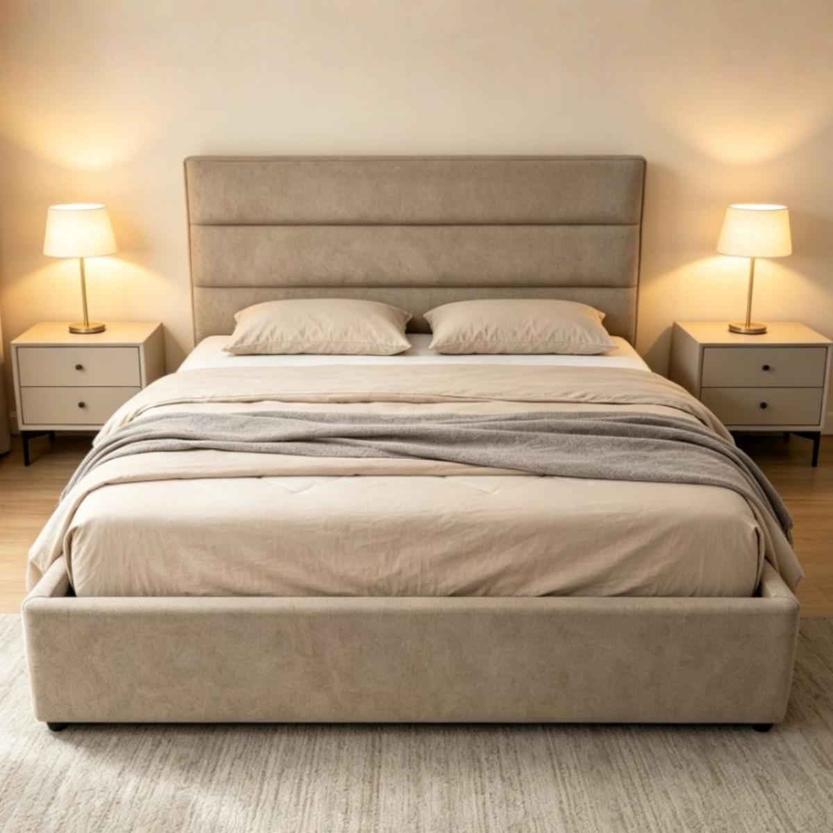 Catalina modern upholstered bed with a tall segmented headboard and matching footboard, shown in a styled bedroom setting with two bedside lamps, beige bedding, and a grey throw blanket.