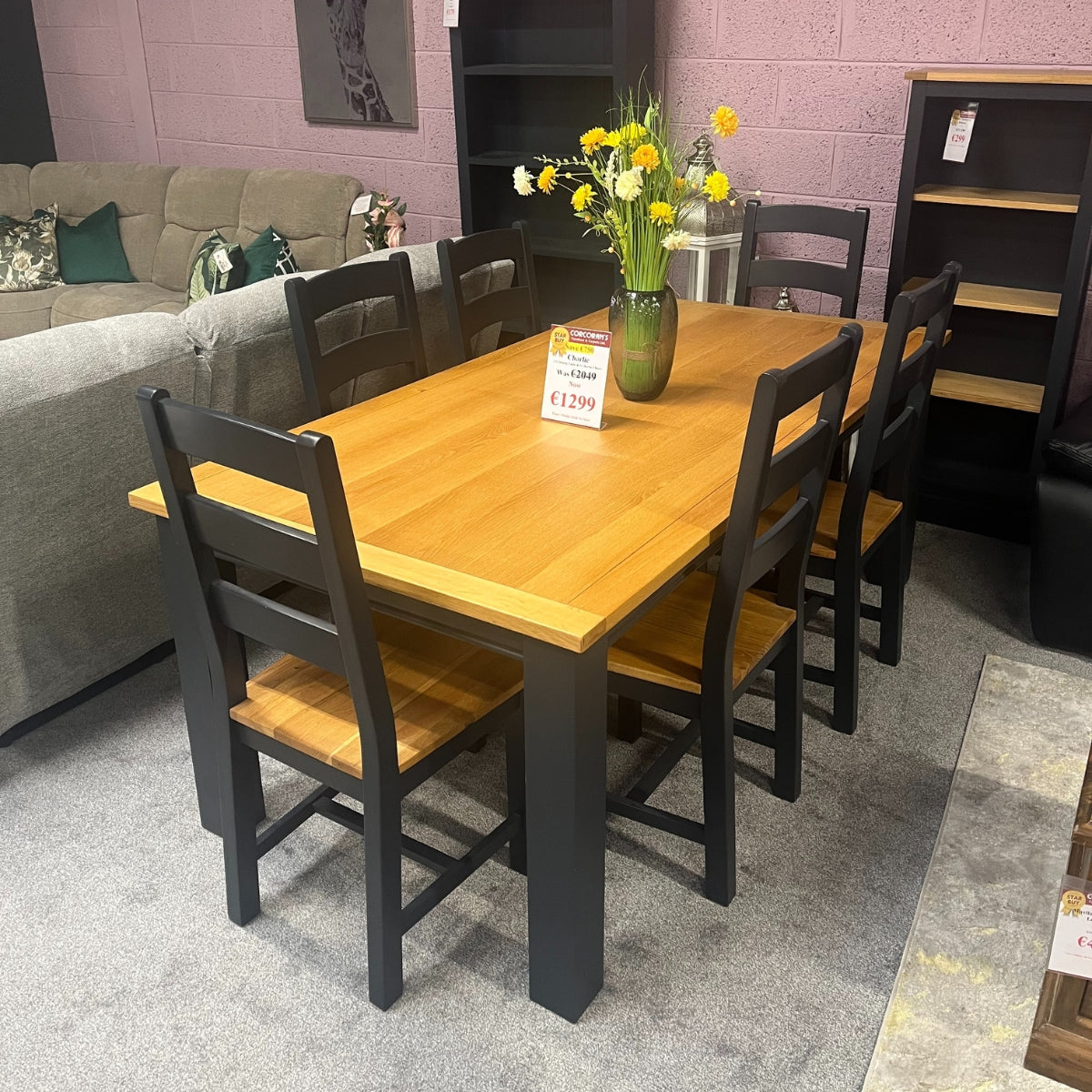 Charlie Charcoal 2M Dining Table & 6 Charlie Dining Chairs - Clearance Set