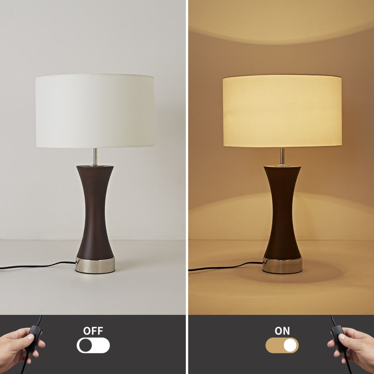 Table lamp with white shade and dark base on a neutral background, switched on and off.