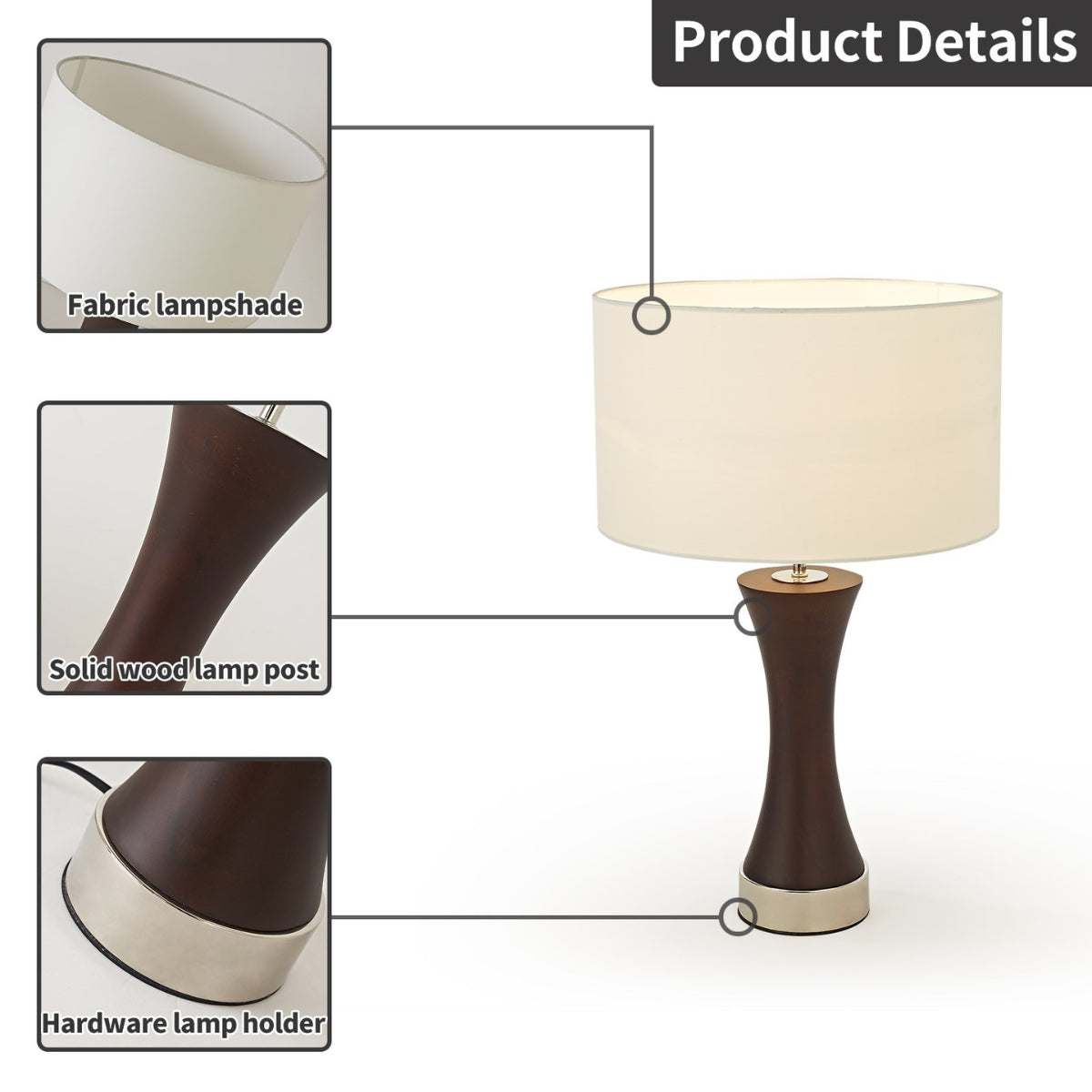 Table lamp with fabric lampshade, solid wood lamp post, and hardware lamp holder on a white background.
