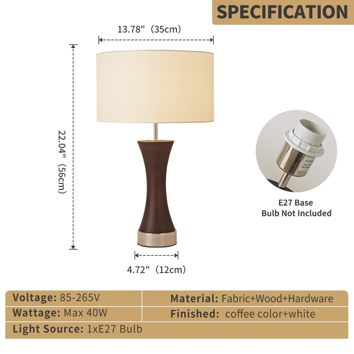 Table lamp with dimensions, base type, and material details on a white background