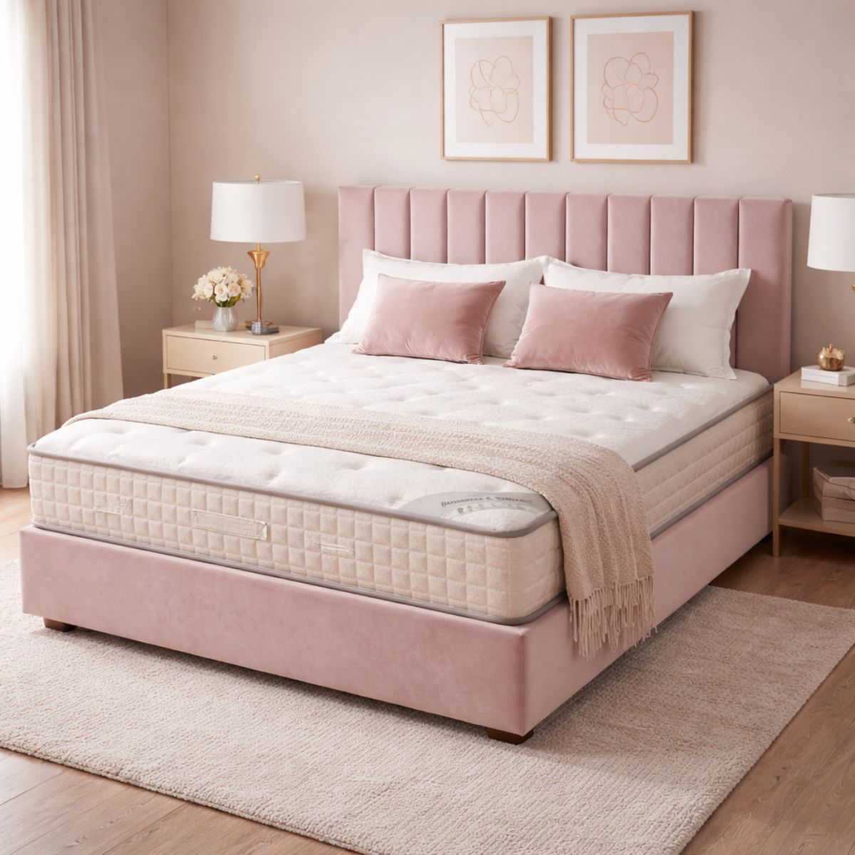 Pink bed with white bedding in a bedroom setting