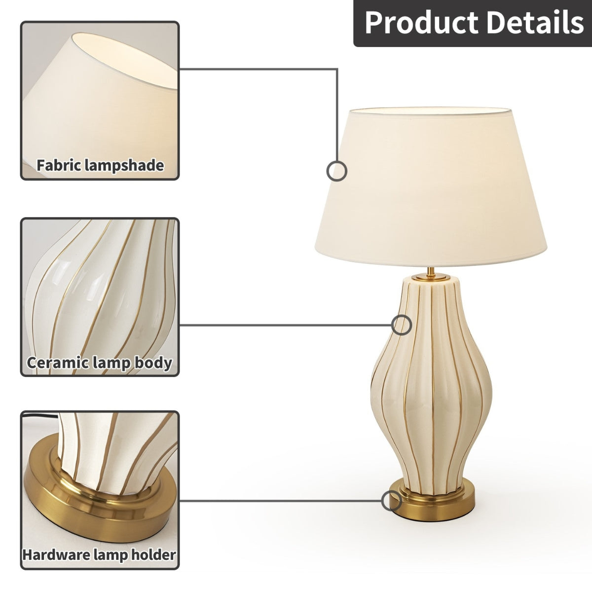 Table lamp with fabric lampshade, ceramic body, and brass holder on a white background