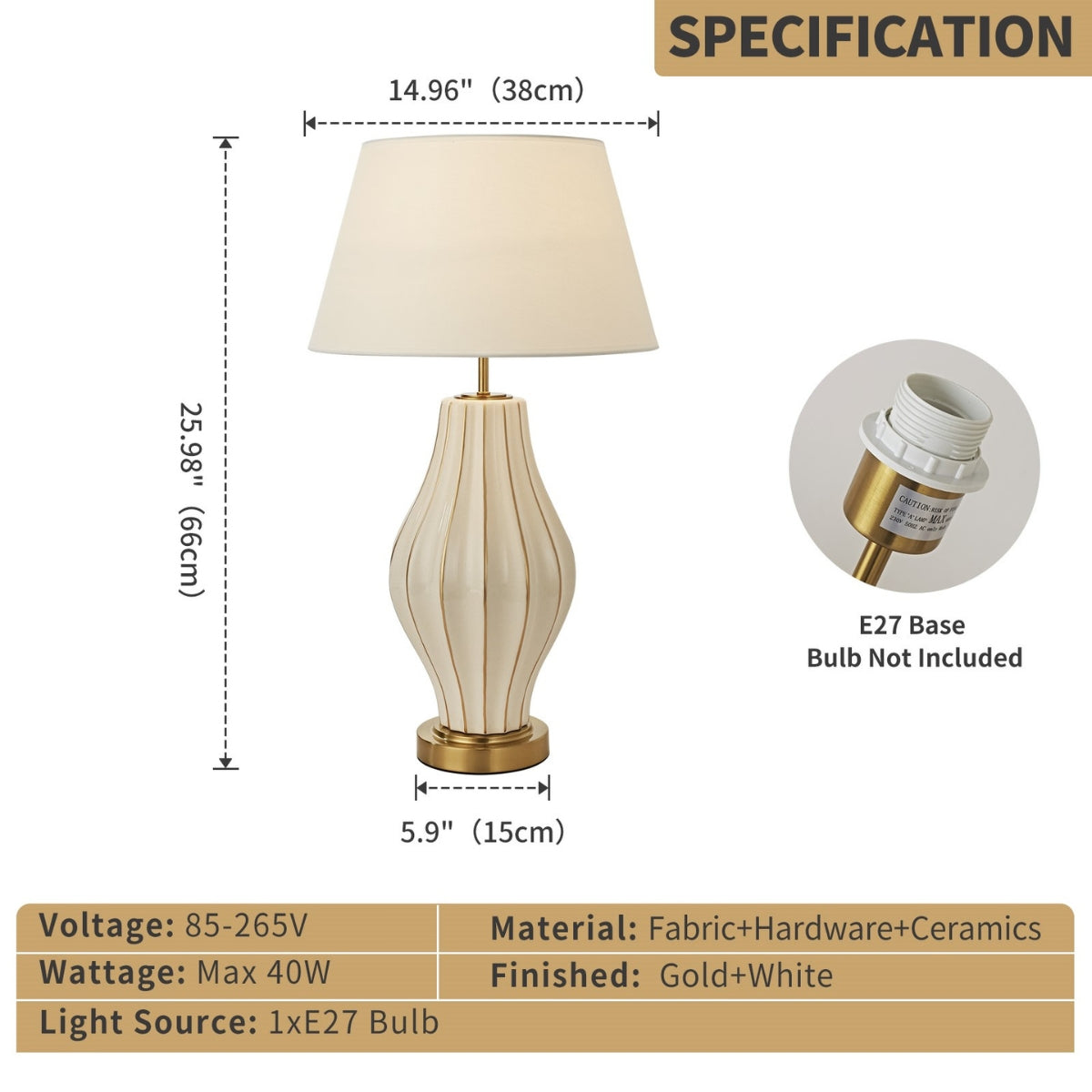 Table lamp with dimensions, base type, and material details on a beige background