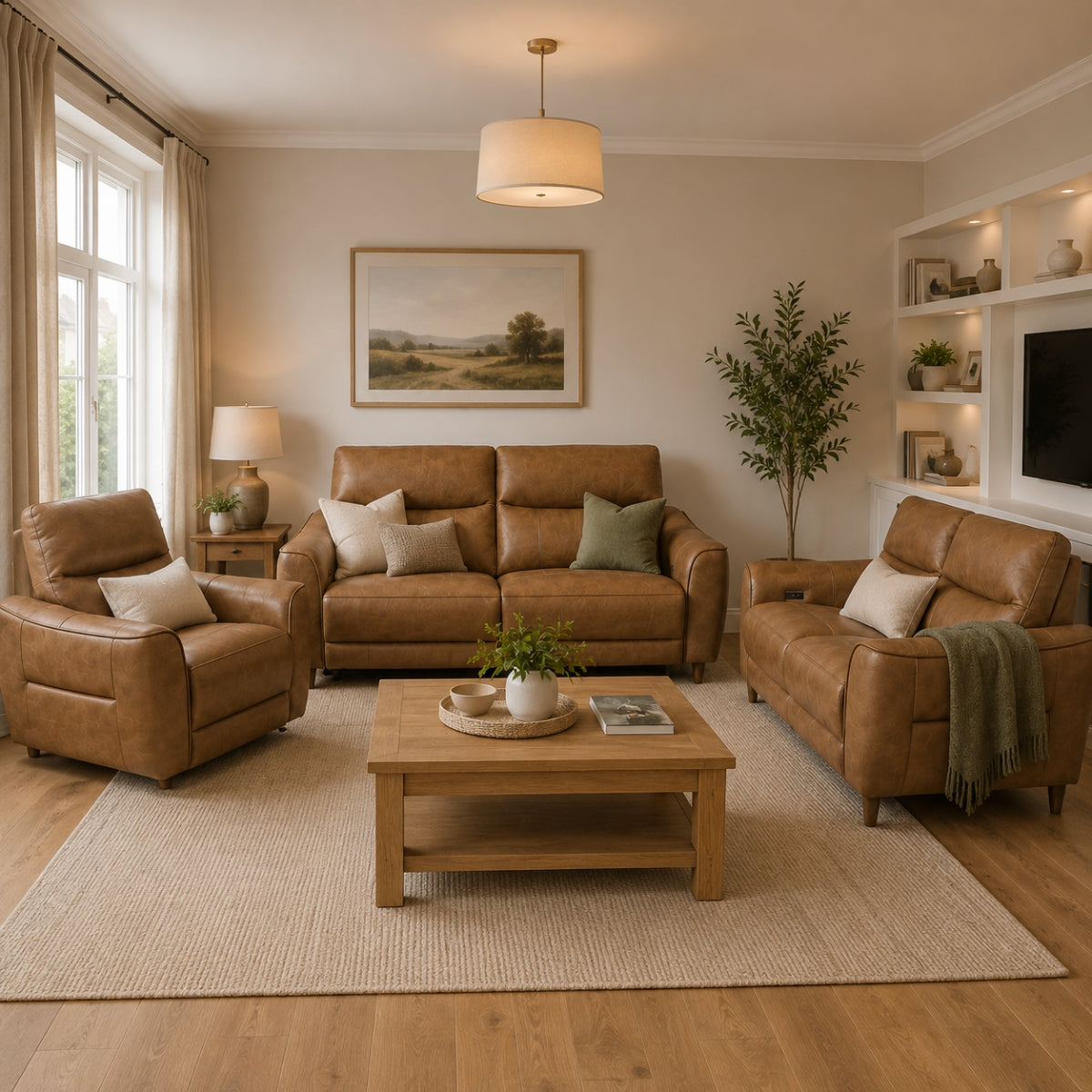 Cozy living room with the Eloise brown leather furniture and a wooden coffee table.