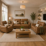 Cozy living room with the Eloise brown leather furniture and a wooden coffee table.