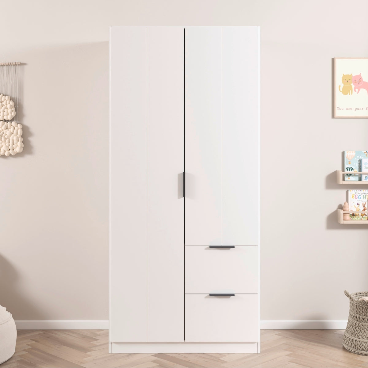 Emerson white wardrobe with drawers in a room with a pink wall and decorative items.