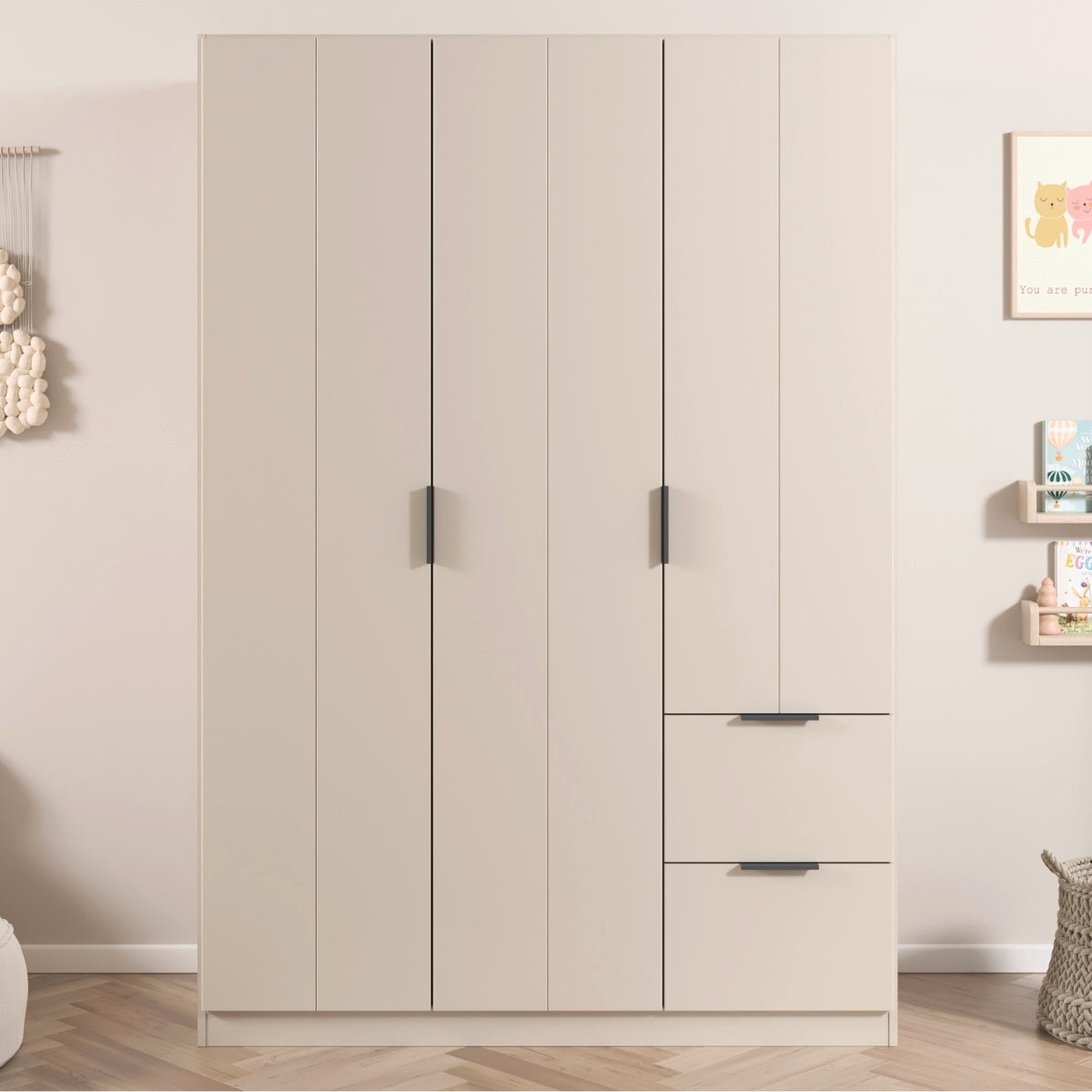 Emerson beige wardrobe with three doors and two drawers in a room setting.