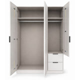 Emerson white wardrobe with open doors and a drawer on a white background