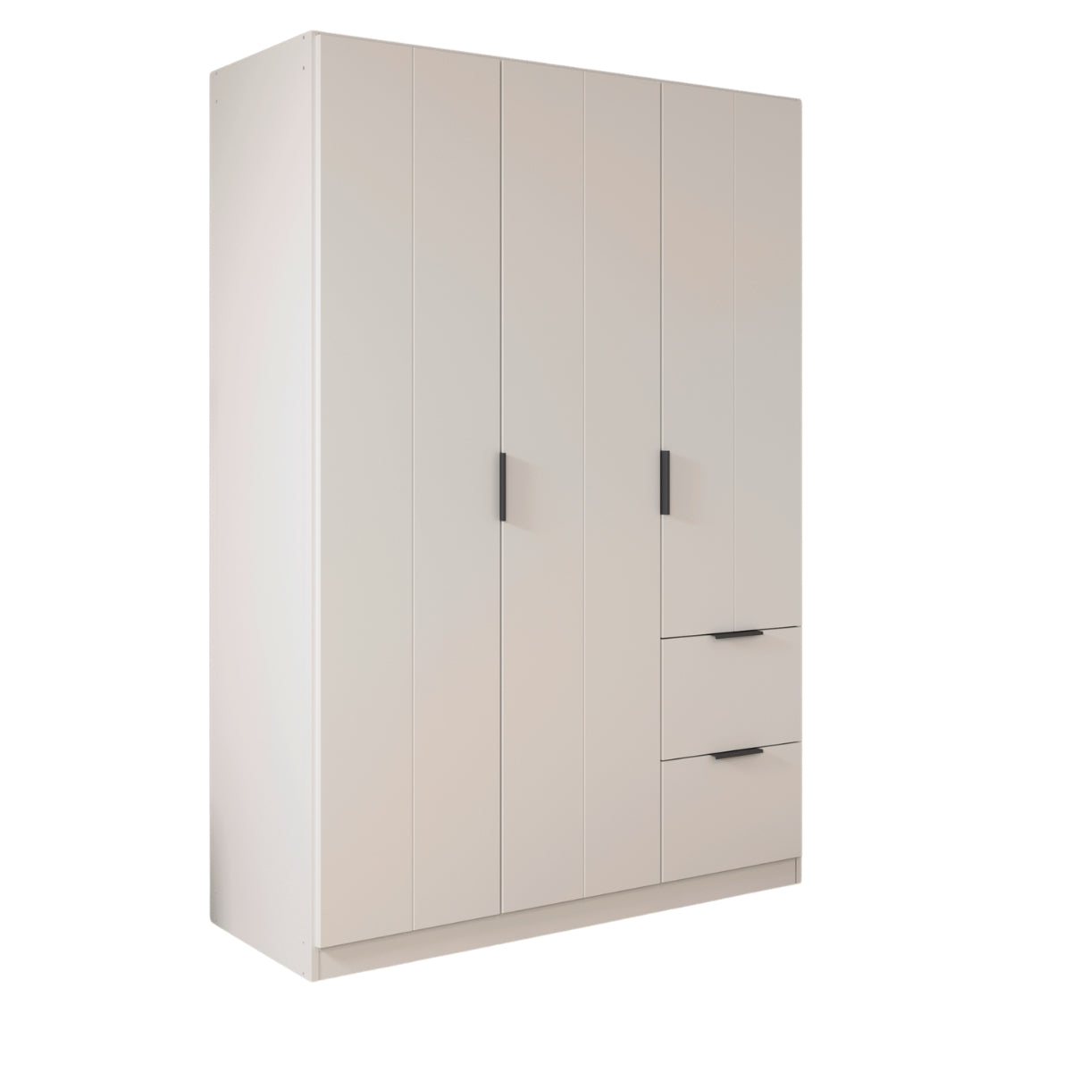 Emerson white wardrobe with three doors and two drawers on a white background