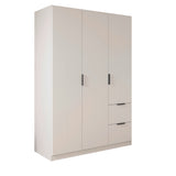 Emerson white wardrobe with three doors and two drawers on a white background