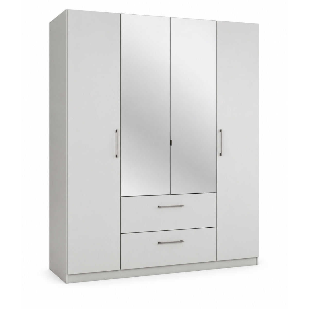 Ennis white wardrobe with four doors and two drawers on a white background