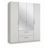 Ennis white wardrobe with four doors and two drawers on a white background