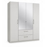 Ennis white wardrobe with four doors and two drawers on a white background