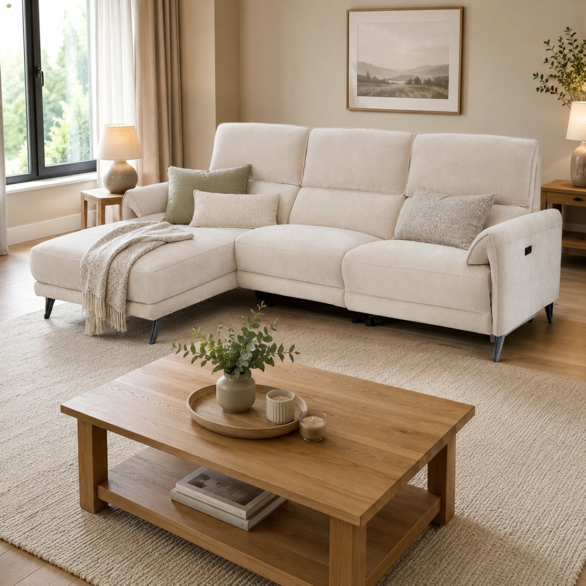 Finara cream sectional sofa in a living room with a wooden coffee table and decorative items.