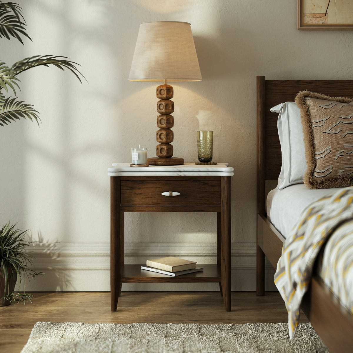 Fleming Marble Top Bedside Table in Walnut Oak - 4