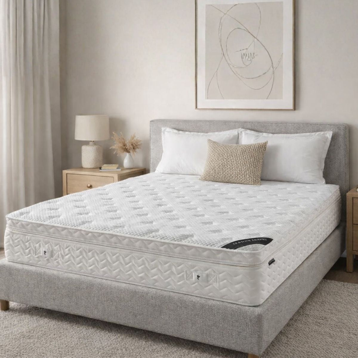 Bed with white mattress and gray frame in a bedroom setting