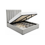 Granville grey upholstered lift-up storage bed with a tall channel-tufted headboard, shown with the mattress propped open to reveal a compartmentalized storage base.