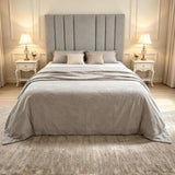 Granville grey fabric ottoman bed, lifestyle image front view.