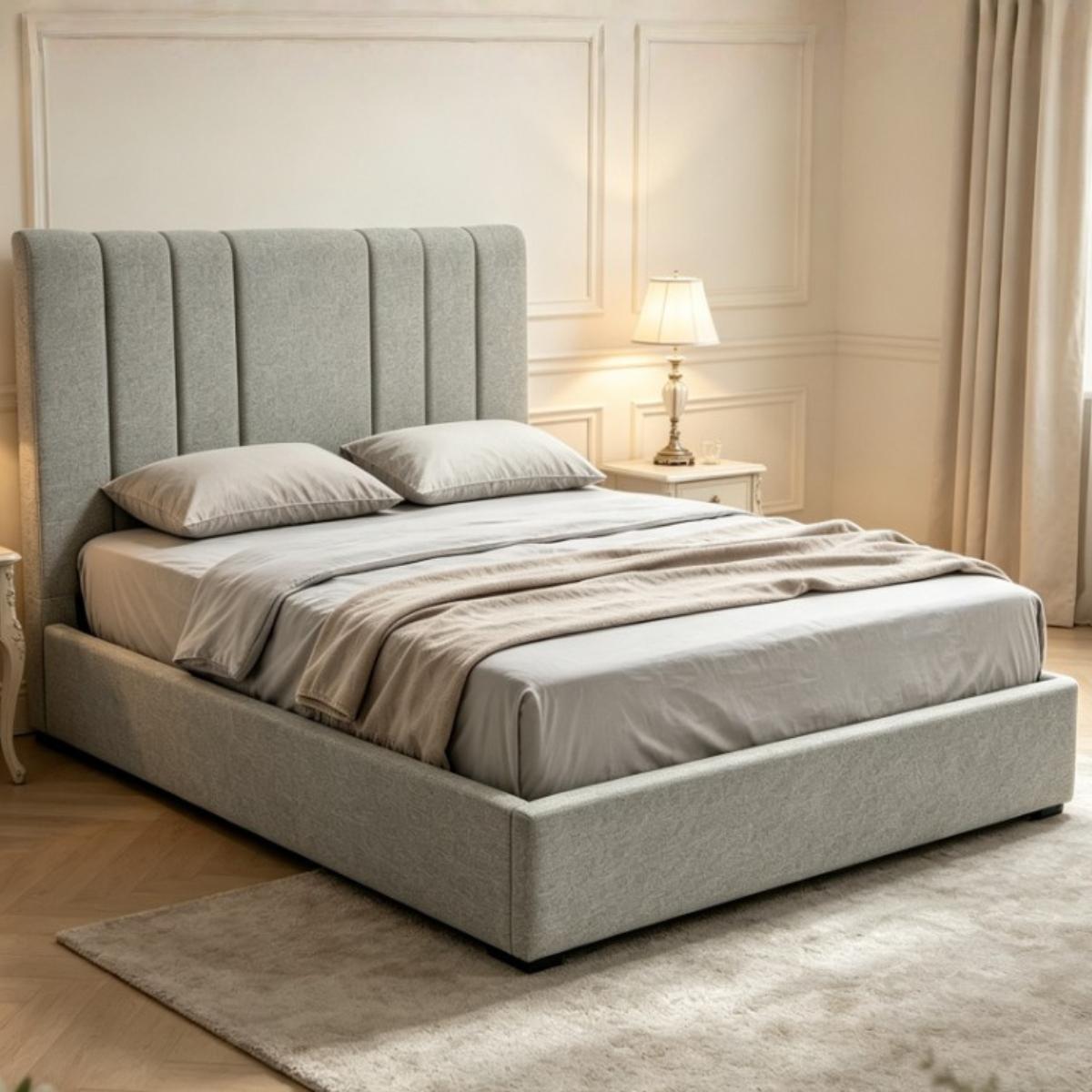 Granville grey fabric ottoman bed, lifestyle image 3/4 view.