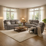 Living room with Hamilton grey sofa suite and wooden coffee table.