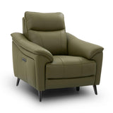 Hamish green leather recliner armchair with dark tapered legs and a small control panel on the side, shown on a white background.