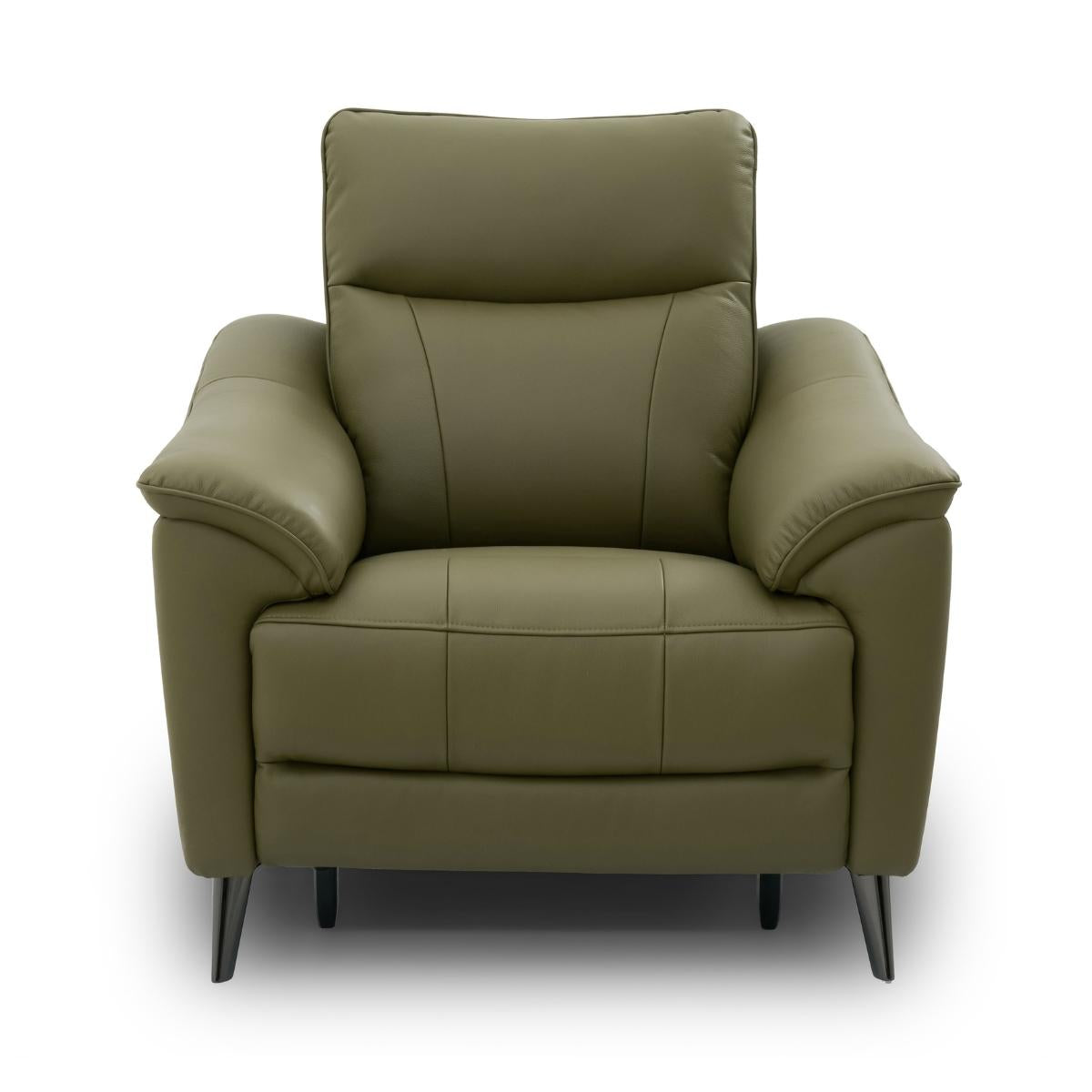Hamish green leather armchair with a high back, padded armrests, and dark tapered legs, shown against a plain white background.