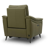 Hamish green power recliner chair shown from a three-quarter rear angle on a white background, featuring a high back, padded armrests, slim dark legs, and a small control panel on the side.