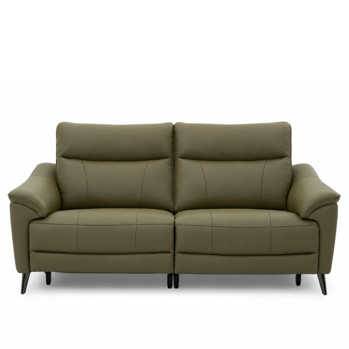 Hamish green upholstered loveseat sofa with two back cushions, two seat cushions, wide padded armrests, and slim dark legs, shown against a plain white background.