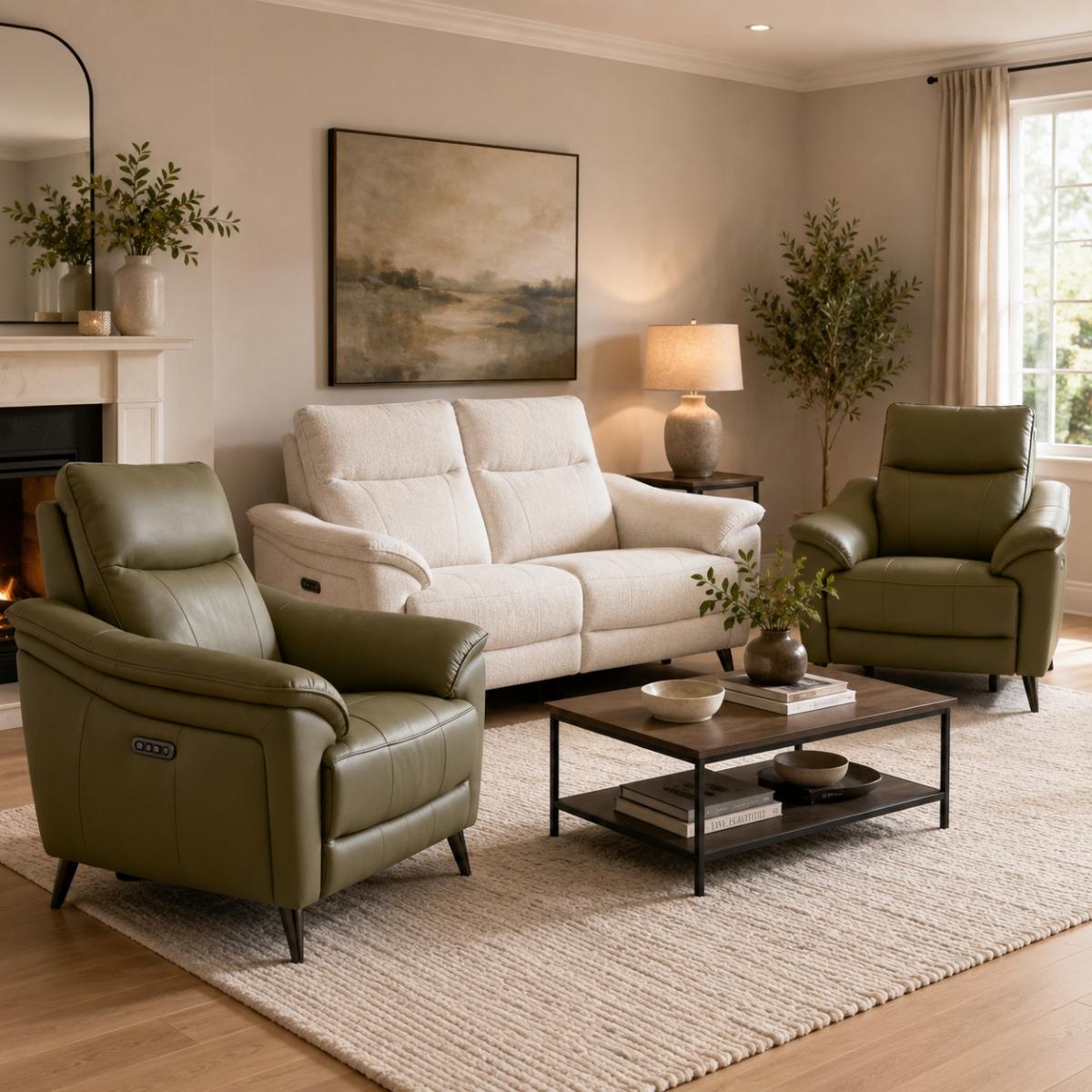 A styled living room featuring the Hamish green leather recliners arranged around a black coffee table on a beige rug, with a cream sofa, fireplace, and wall art in the background.