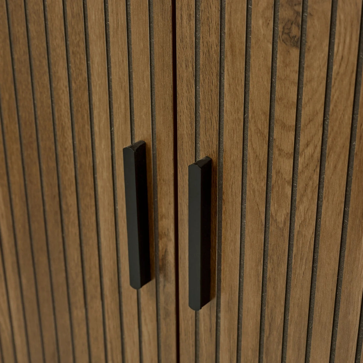 Hampshire wooden cabinet with horizontal slats and black handles