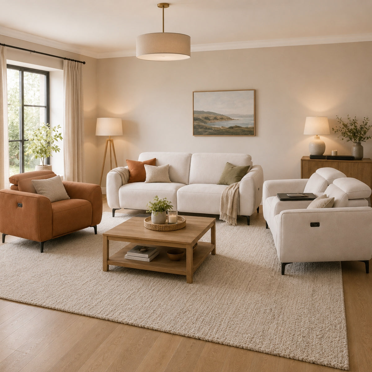 Modern living room with beige walls, white sofa, brown armchair, and wooden coffee table.