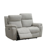 Hector grey upholstered recliner loveseat with a power control panel on the side, shown on a plain white background.
