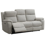 Hector grey upholstered reclining 3 seater with a three-seat cushion arrangement and one extended footrest, shown on a plain white background.