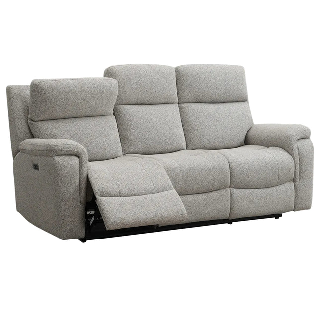 Hector grey upholstered reclining 3 seater with a three-seat cushion arrangement and one extended footrest, shown on a plain white background.