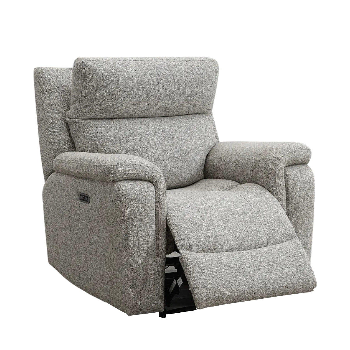 Hector grey textured fabric power recliner chair with the footrest extended, shown against a plain white background.