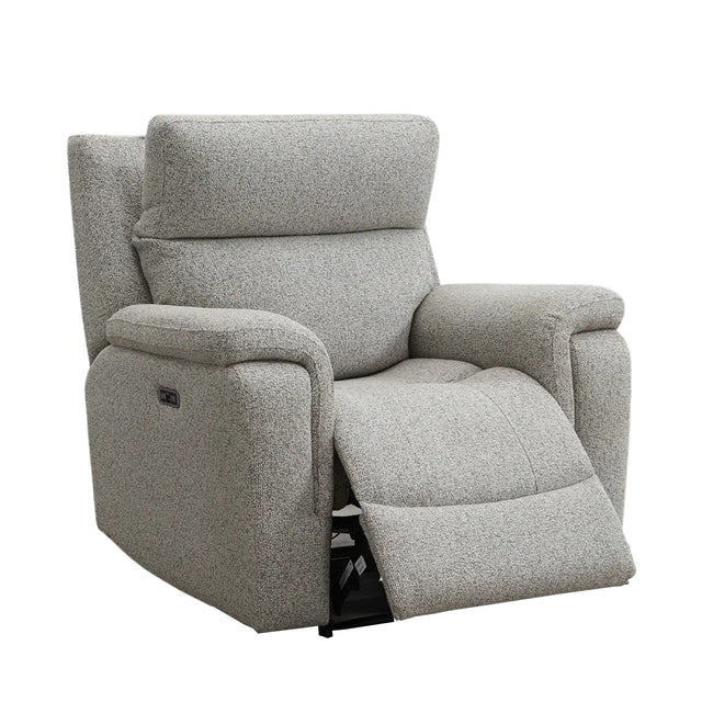 Hector grey textured fabric power recliner chair with the footrest extended, shown against a plain white background.