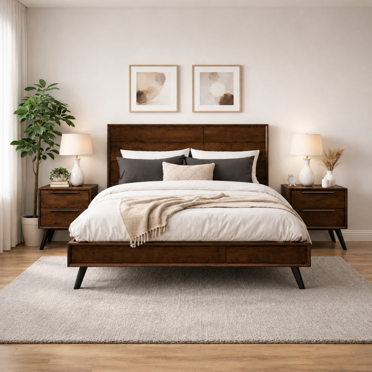 Honduras bedroom with wooden bed, nightstands, and lamps in a home setting.