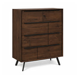 Mid century modern 4 drawer chest of drawers  with four drawers on a white background