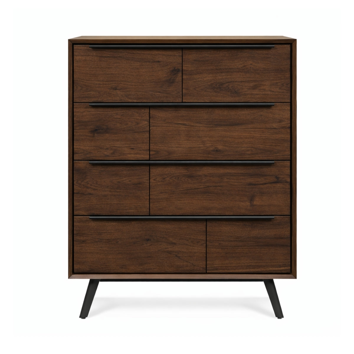 Wooden chest of drawers with multiple drawers on a white background