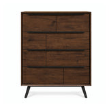Wooden chest of drawers with multiple drawers on a white background