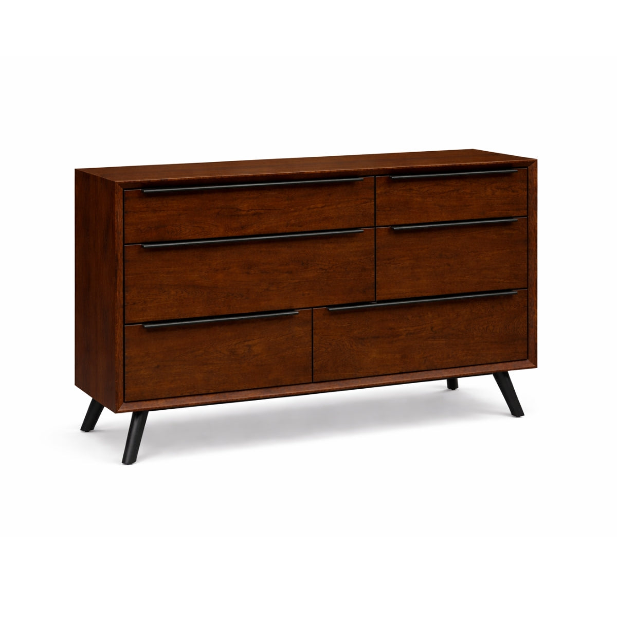 Mid century modern wide chest of drawers on a white background