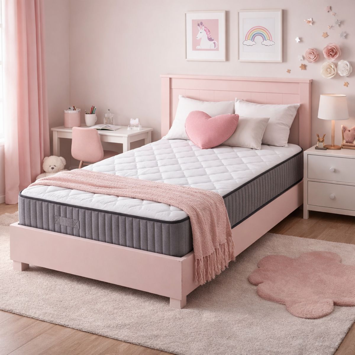 Pink bed with mattress and white bedding in a child's bedroom