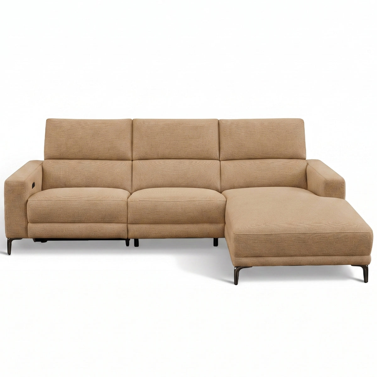Johnson three-seater sofa with a right-facing chaise lounge in a textured brown fabric, supported by slim black metal legs, shown against a plain white background.