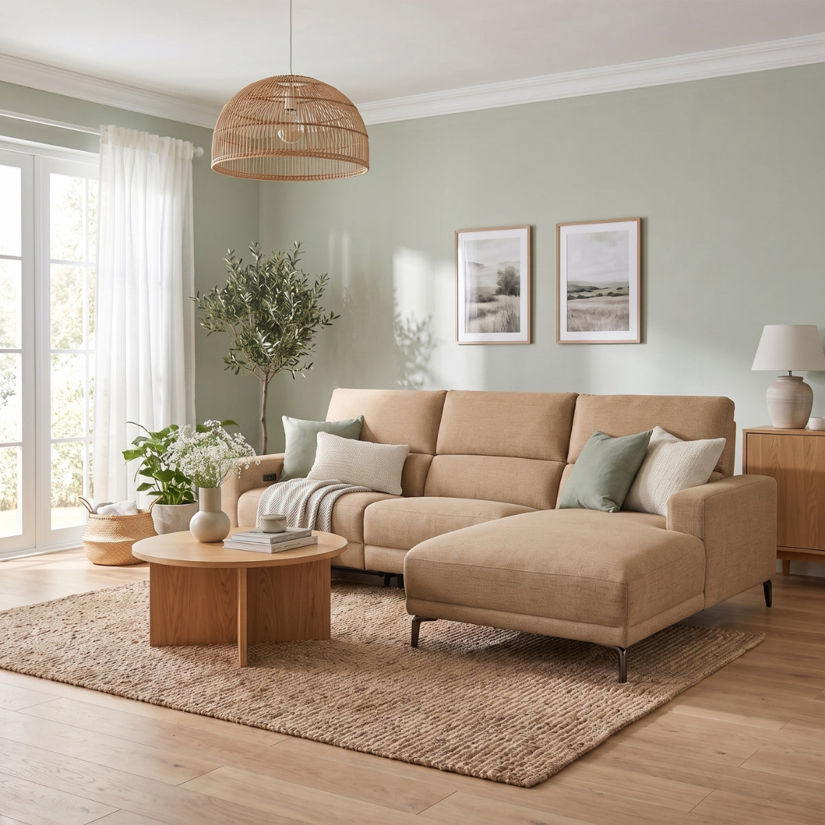 Johnson brown sectional sofa with a chaise lounge in a styled living room, featuring a round wooden coffee table, a woven rug, a wicker pendant light, and a light sage green wall.