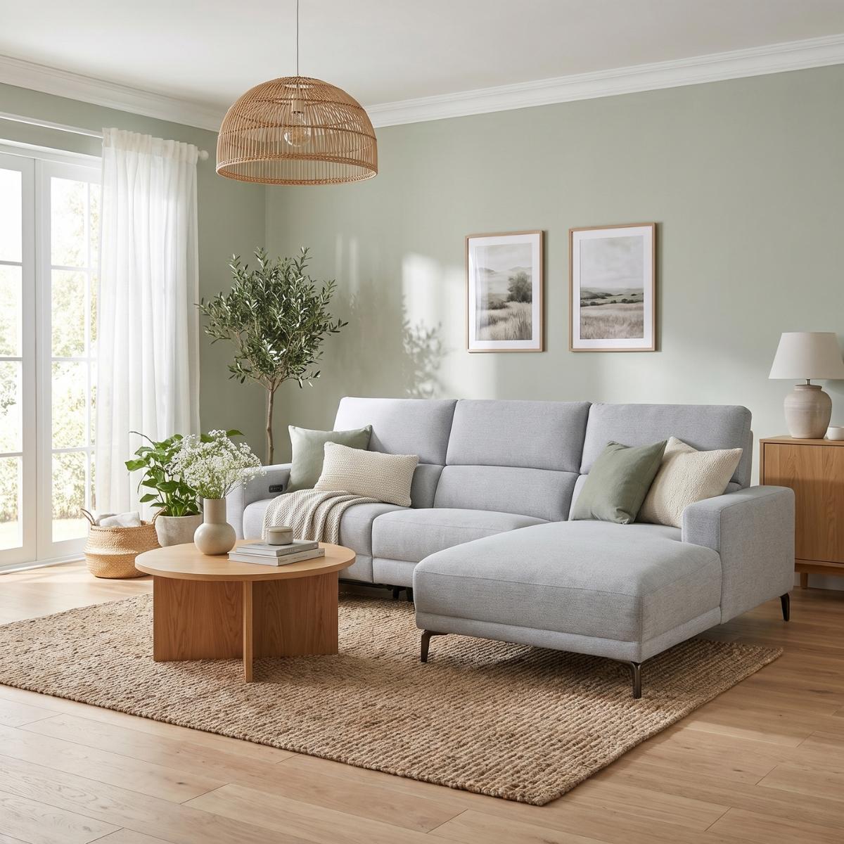 Johnson grey fabric sectional sofa with a chaise lounge in a bright, modern living room. The sofa is styled with neutral-toned throw pillows and a beige throw blanket, set on a large woven jute rug.