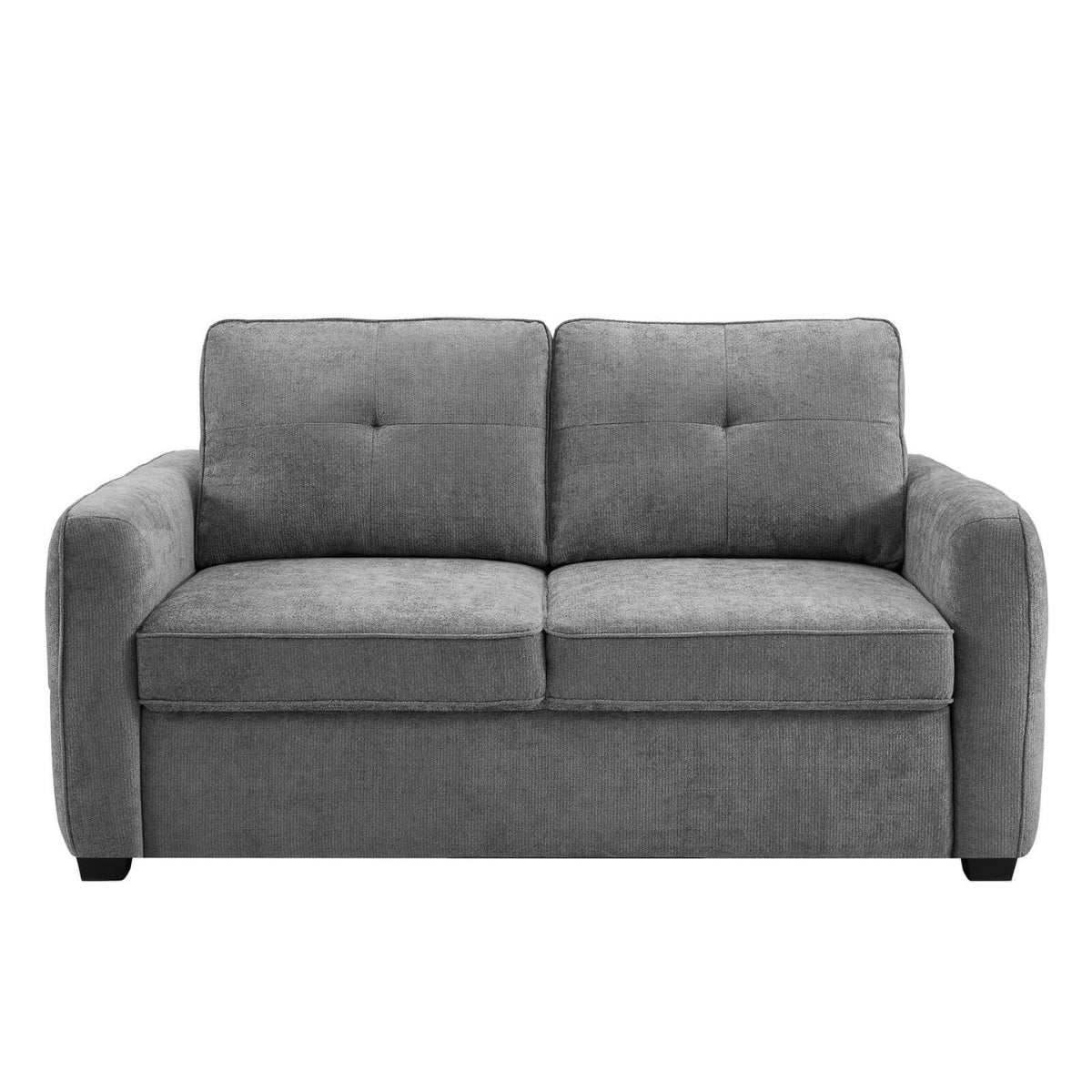 Keenan grey upholstered loveseat with two button-tufted back cushions and two seat cushions, shown from the front on a plain white background.