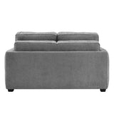 Keenan grey fabric loveseat sofa shown from the back, featuring two back cushions and a wide armrest, on a plain white background.