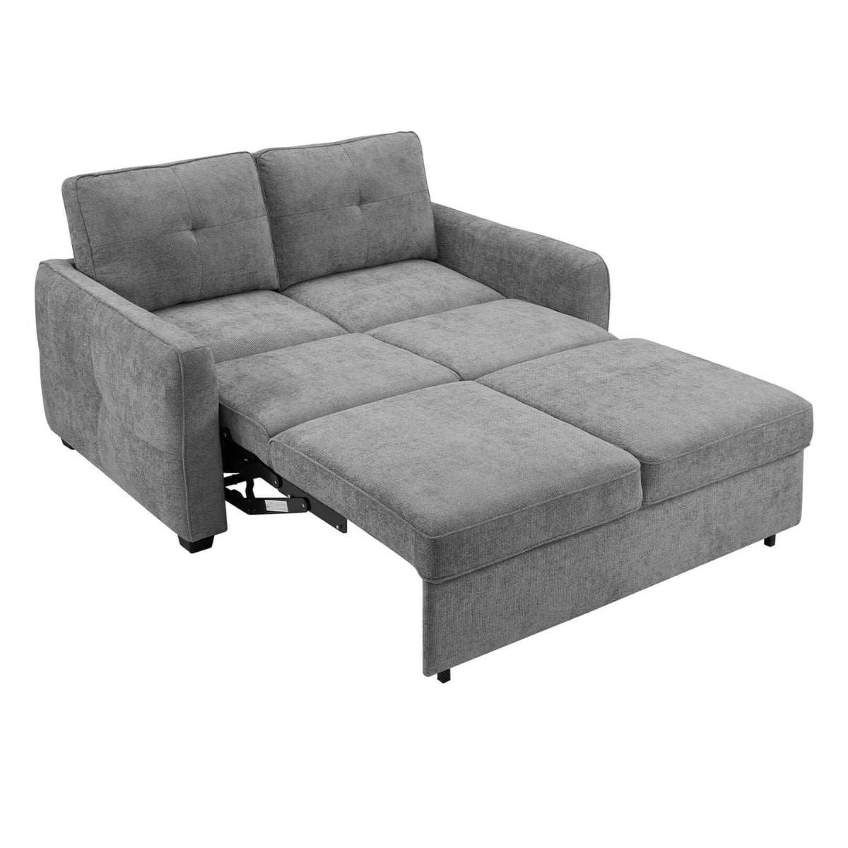Keenan grey fabric sleeper sofa with a chaise lounge, shown in a partially extended position to reveal the underbed storage compartment. The sofa features tufted back cushions and a modern, low-profile design on a plain white background.